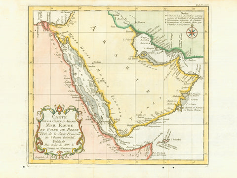 "Carte de la Coste d Arabie Mer Rouge et Golfe de Perse"  Copper engraving map by Jacques Nicolas Bellin, dated 1740.