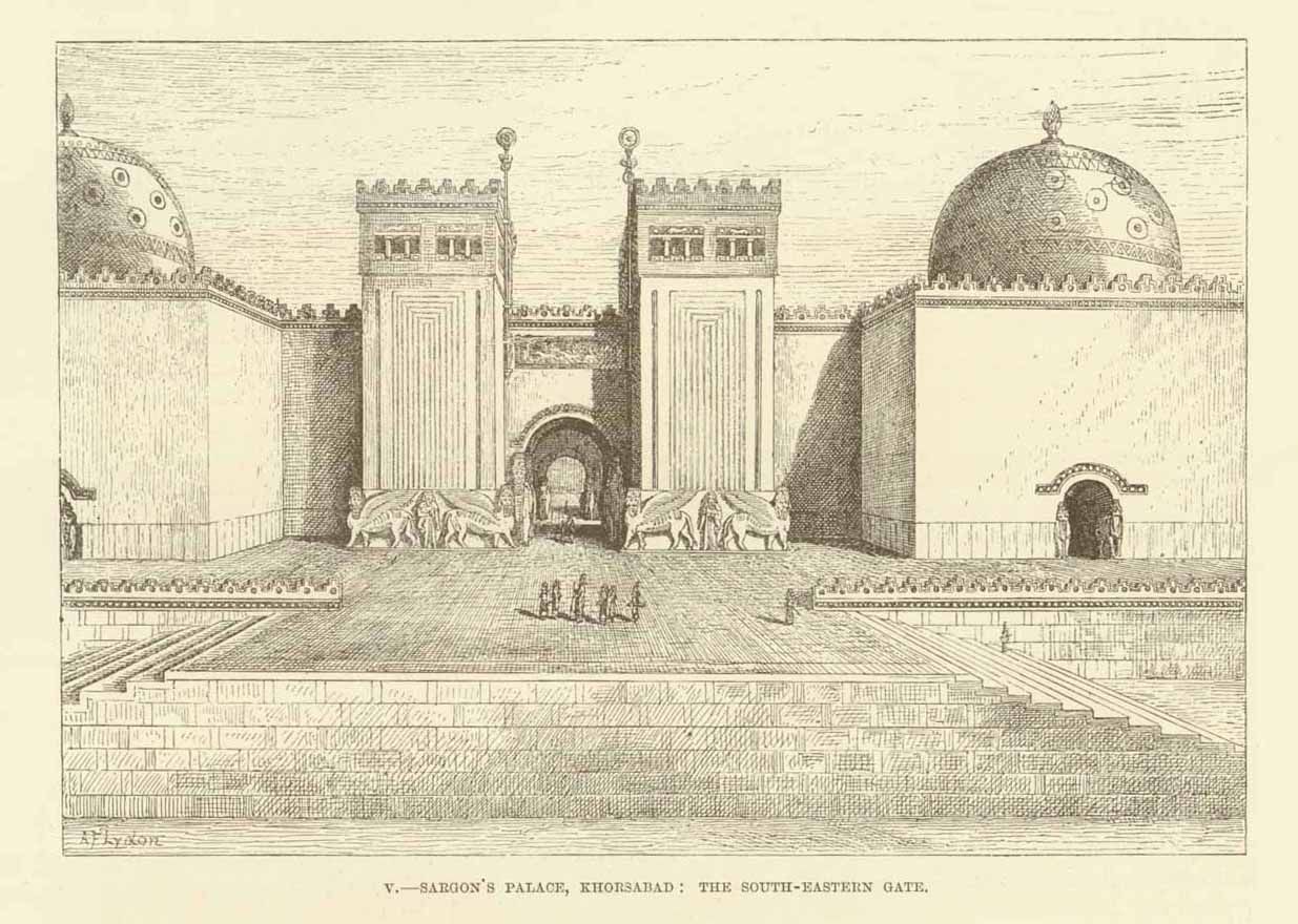 "Sargon's Palace, Khorasbad: The South-Eastern Gate"  Iraq, Khorasbad, Sargon's Palace, Dur-Sharrukin  Assyrian Architecture  Wood engraving 1895. Below the image and on the reverse side is text about Khorasbad and related architecture.