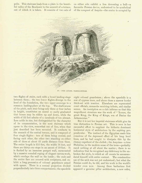 "Fire Altars, Nakhili Rustam"  3 separate pages with images and text in English.  The title of the article is: "Art in Persia". Published 1895.