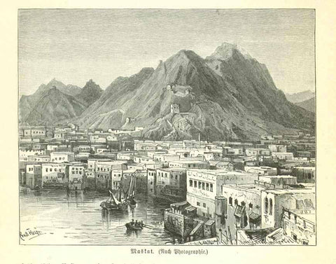 "Maskat" (Muscat in Oman)  Wood engraving made after a photograph on a page of text about Oman that  continues on the reverse side. Published 1895.