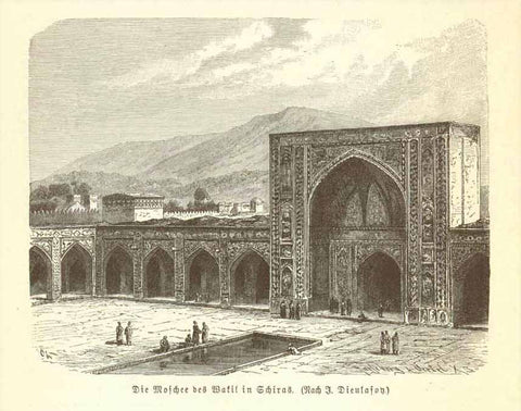 "Die Moschee des Wakil in Shiras"  Wood engraving on a page of text about Shiras and the region that continues on the reverse side. Published 1895.