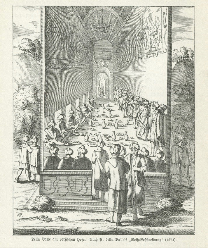 "Della Valle am persicher Hofe"  Wood engraving showing Pietro della Valle at the Persian court. Published 1885. Reverse side with text about Pietro della Valle in Persia.