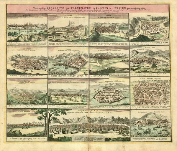 "Verschiedene Prospekte der vornehmsten Staedten in Persien"  Each row from left to right:  1st row: Astrachan on the Wolga in Russia) - Derbent (southernmost city of Russia) - Tiflis (Capital of Georgia) - Kars (Turkey)  2nd row: Erzerum (Erzurum, Turkey) - Baccu (Baku, Azerbaijan) - Sultania (Sultanieh, Iran) - Shamakhi (Azerbaijan)  3rd row: Erivan (Jerewan, Armenia) - Schiras (Shiras, Iran) - Candahar  (Kandahar, Afghanistan) - Ardebil (Azerbaijan) -  4th row: Kachan (Iran) - Isphahan (Iran) - Gamron (B