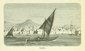 "Dschidda" (Jeddah, Jiddah, Jedda, Jidda)  Wood engraving on a page of text about early exploration in the Middle East.