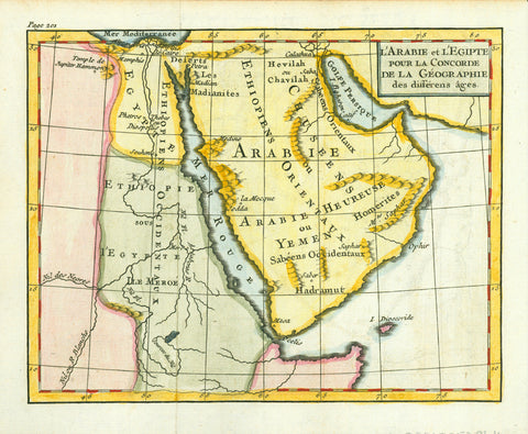 "L'Arabie et L'Egypte pour La Concorde de la Geographie des differens ages"  Copper engraving map by Freres Estienne in Paris ca 1765.  Pleasant hand colouring.
