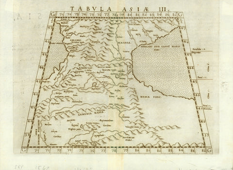 "Tabula Asiae III"  Copper etching from: "Geographia" by Claudio Ptolemy. Originally edited and published by Willibald Pirckheimer. This edition, which comprises all 64 maps of the "B" edition, including the "New World", was published by Josephus Meletius 1562 in Venice.  This map shows the Caucasus region between the Black Sea in the upper left and the Caspian Sea on the right. The ancient names are of special interest. In the lower left is part of the course of the Ruphates River.