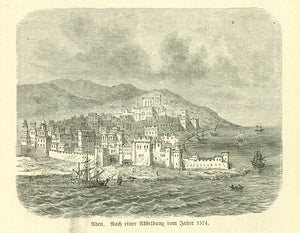 "Aden"  Wood engraving on a page of text that continues on the reverse side about early exploration in the area. Published 1881.