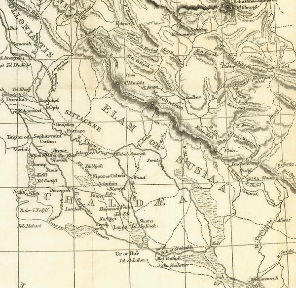 "Mesopotamia, Chaldea, Assyria and the adjacent countries"  Lithograph map published 1884 on fine paper in a book.  The ancient names are given in Roman type and the modern names in Italics.  In the upper right is part of the Caspian Sea and in the lower right part of the Persian Gulf. In the upper left is the province of Gauzanitis (Gozan)  Original antique print 