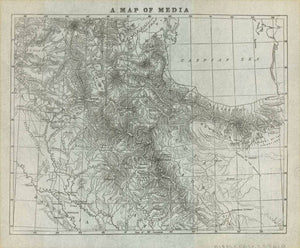 "A Map of Media"  Lithograph map published 1884 on fine paper in a book.  Ancient and modern nams are given on this map.  In the lower left is Babylon, which was the capital of Babylonia, a kingdom in ancient Mesopotamia, now  In the lower right is Isfahan. At the top center of the map is Mount Ararat.  Original antique print 