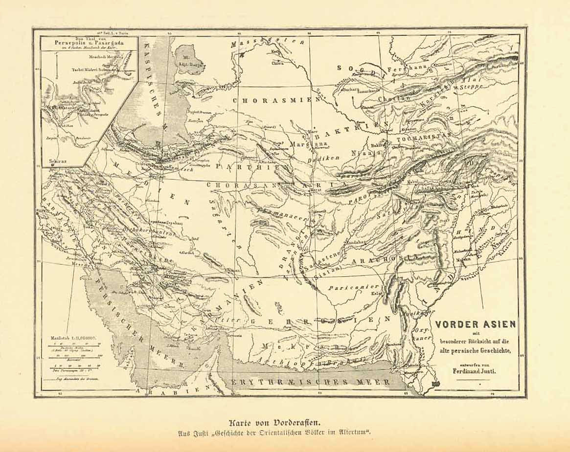 "Karte von Vorderasien"  Wood engraving map ca 1900. Map has the old names of the various ethnic tribes of the region and Persian history. In the upper left is a detailed inset of the Valley of Persopolis and Pasargada.  Original antique print , interior design, wall decoration, ideas, idea, gift ideas, present, vintage, charming, special, decoration, home interior, living room design