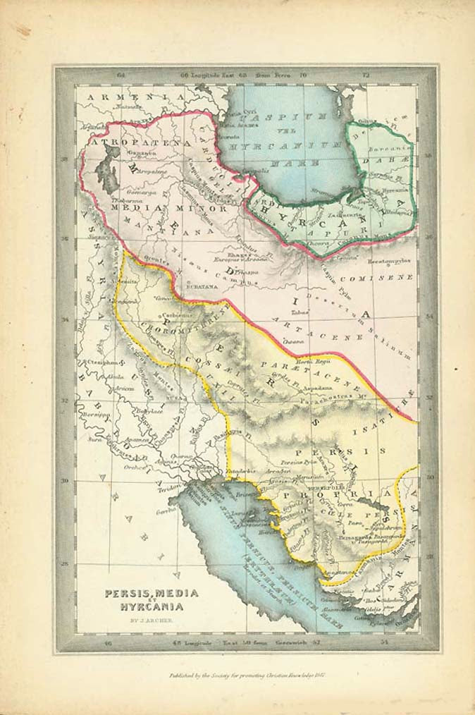 "Persis, Media Hyrcania"  Rare copper engraving map by Joshua Archer (1792-1863) Published by the Society for Promoting Christian Knowledge in 1847.  Original antique print    For a 30% discount enter MAPS30 at chekout 