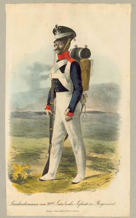 Landwehrmann com 20ten Landwehr Infanterie Regient (Soldier of Prussian Territorial Army)  Lithograph by Dahl after Ludwig Sebbers. Published by Fuhr. Berlin and Breslau, ca. 1830
