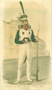 Grenadier vom Kaiser Alexander Grenadier Regiment Garnison Berlin (Elite Prussian military regiment formation, named for the Czar of Russia Alexander Ist. Formed in 1814 ãgrenadier-Regiment Kaiser Alexander", renamed, as in the title of our print in the year 1819. Russia was in that time an ally of Prussia).  Original antique print   Lithograph by Dahl after Ludwig Sebbers. Published by Fuhr.Berlin and Breslau, ca. 1830