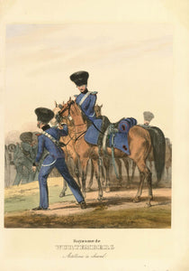 Antique print, Military, "Royaume de Würtemberg Artillerie a Cheval"  Altkolorierte Lithographie aus der Luxus-Ausgabe, wobei Darstellung und Titel auf eigenen Bögen gedruckt wurden und die Darstellung auf das Blatt mit dem Titel montiert wurde.  Erschienen in "Das deutsche Bundesheer in charakteristischen Gruppen" von Heinrich Ambras Eckert und Dietrich Monten  Erschienen in Frankfurt am Main von 1835-1843.  Umfangreiches Uniformwerk über das Militär des Deutschen Bundes (1815-1866)