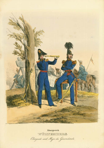 Antique print, "Königreich Würtemberg - Oberguide und Major des Generalstabs"  Altkolorierte Lithographie  Erschienen in "Das deutsche Bundesheer in charakteristischen Gruppen" von Heinrich Ambras Eckert und Dietrich Monten  Erschienen in Frankfurt am Main von 1835-1843.  Original antique print    Umfangreiches Uniformwerk über das Militär des Deutschen Bundes (1815-1866)