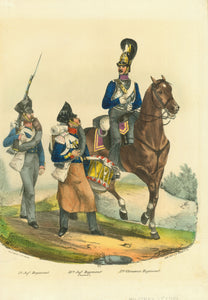 "5tes Inf. Regiment 33 Inf. Regiment (Tambour) 5tes Cuerassier Regiment"  Lithograph bei L. Sachse in Berlin ca 1850. Fine original hand coloring.