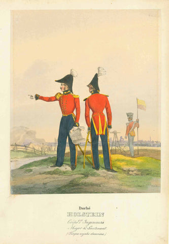 "Duché Holstein - Corps Ingenieurs - Major & Lieutenant" - (Troupes royales danoises)  Holstein, Eckert und Monten, Deutsches Bundesheer  Die Dänische Zeit von Holstein dauerte von 1460 - 1864. Holstein war in dieser Zeit Teil des Heiligen Römischen Reiches Deutscher Nation. Ab 1815 war Holstein Mitglied des Deutschen Bundes. Unsere skizzenhafte politische Einordnung Holsteins erklärt, weshalb die Autoren Eckert und Monten das hier angebotene 