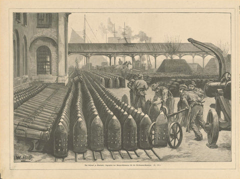 "Das Arsenal zu Woolwich: Lagerplatz der Panzer-Granaten fuer die 38-Tonnen-Canonen"  Wood engraving showing grenedes for 38-ton canons in Woolwich, England. Published 1879.  Original antique print  