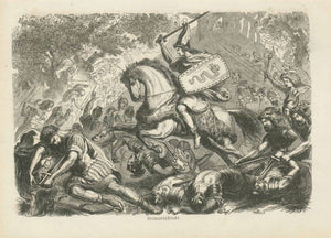 "Hermannschlacht"  Arminius, Hermann, Hermann der Cherusker, Teutoburger Wald  Wood engraving of the battle between the Romans and the Germanen in 9 AD. Reverse side has text about Roman battles. Published 1863.