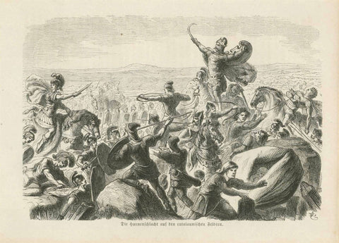 "Die Hunnenschlacht auf die catalaunischen Feldern"  Military, Hunnenschlacht, Chalons-en-Champagne, Huns, Catalaun, Theoderich, Flavius Aeatius  Wood engraving of the battle near Chalons-en-Champagne between the Huns and the Romans in 451 AD. The name Catalaun is from the Celtic tribe of the Catalunen. On the reverse side is text about the battles in the region. Publihed 1863.