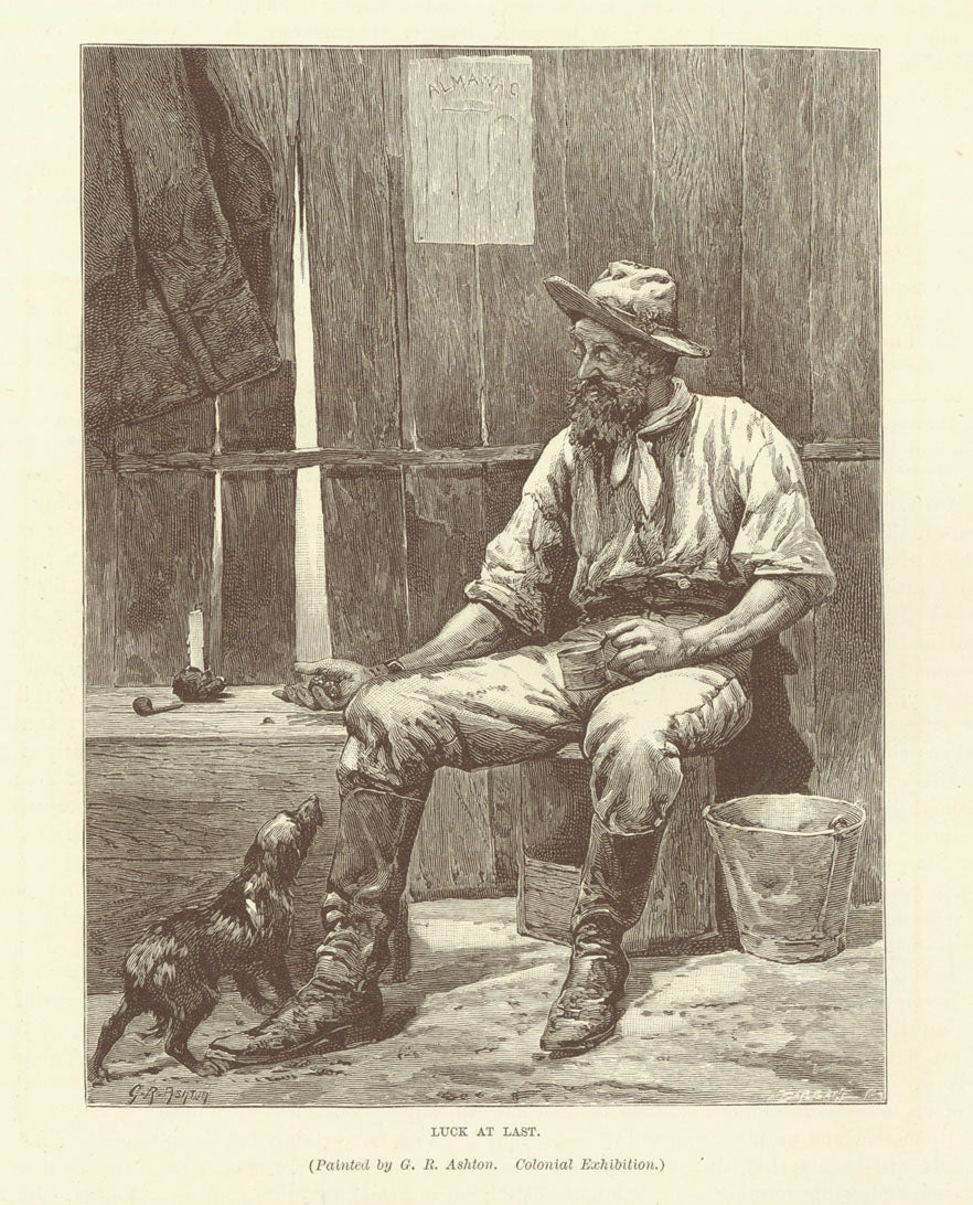 "Luck at Last"  Wood engraving after a painting by G. R. Ashton, 1895. Reverse side is printed with unrelated text.