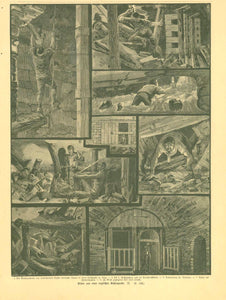 2 Pages with wood engravings of the work in English coal mines. On the reverse side of a page is an article about the life of the coal miners.  Original antique print 