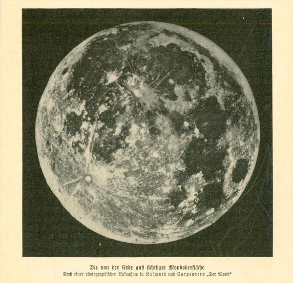 "Die von der Erde aus sichtbare Mondflaeche" (Visible part of the moon seen from the earth)  Wood engraving published ca 1900. The image is on a page of text about the moon and astronomy that continues on the reverse side. There is an extra semi transparent page attached that has the names and outlines of the moon landscape. First image shows image with overlay.  Original antique print  