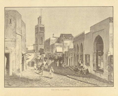 "Une Rue, a Tanger"  Zincograph published ca 1895 in Paris. On the reverse side is text about North Africa.  Original antique print  