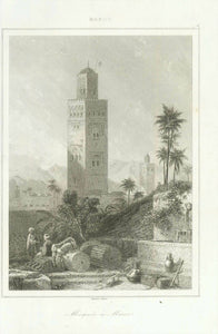 "Mosquee a Maroc"  Steel engraving by Lemaitre ca 1845.  Original antique print    Morocco, Marokko, Maroc, Mosque, Moschee, Marakesch