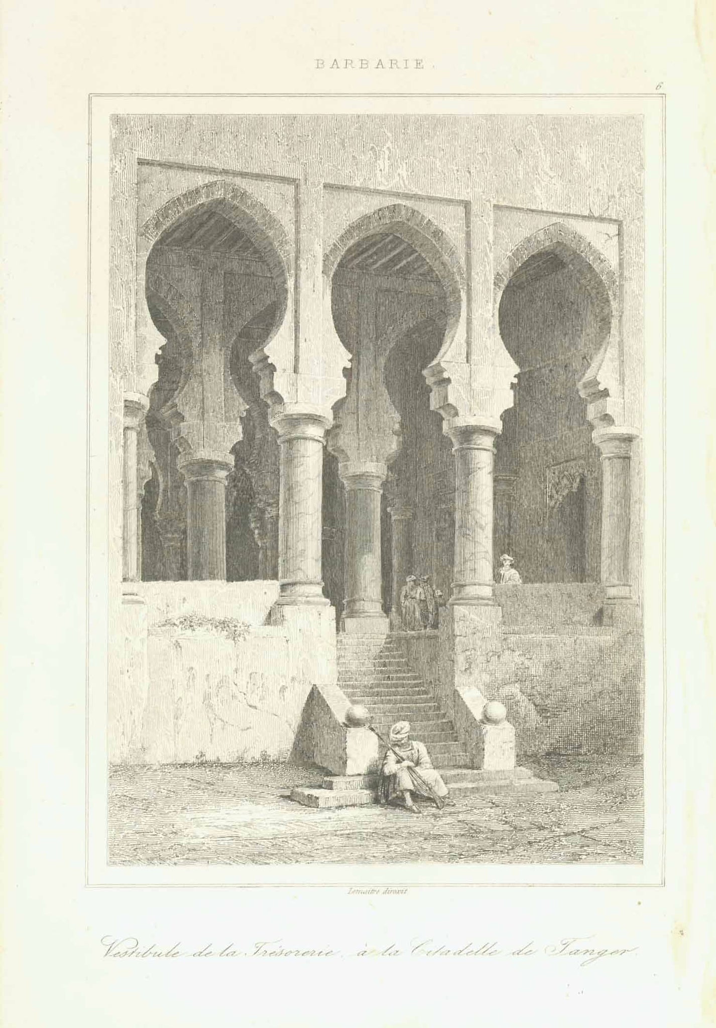 "Vestibule de la Tresorerie a la Citadelle de Tanger"  Morocco,Marokko, Tangier, Tanger, Magreb  Steel engraving by Lemaitre published 1848.  Original antique print  
