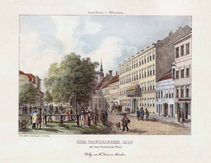 Antique print, "Der Bayerische Hof mit dem Promenaden Platz"  Type of print: Lithograph  Color: Attractive hand coloring  From: "Souvenir de Munich - Ansichten von Muenchen"  Artist: A. Podesta  Published by: Sauer. Munich, edition ca. 1880