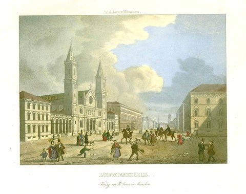 Munich  "Ludwigskirche"  Type of print: Lithograph  Color: Attractive hand coloring  From: "Souvenir de Munich.  Ansichten von Muenchen"  Artist: Gustav Kraus (1804-1852)  Published by: Sauer. Munich, edition ca. 1880  Original antique print  