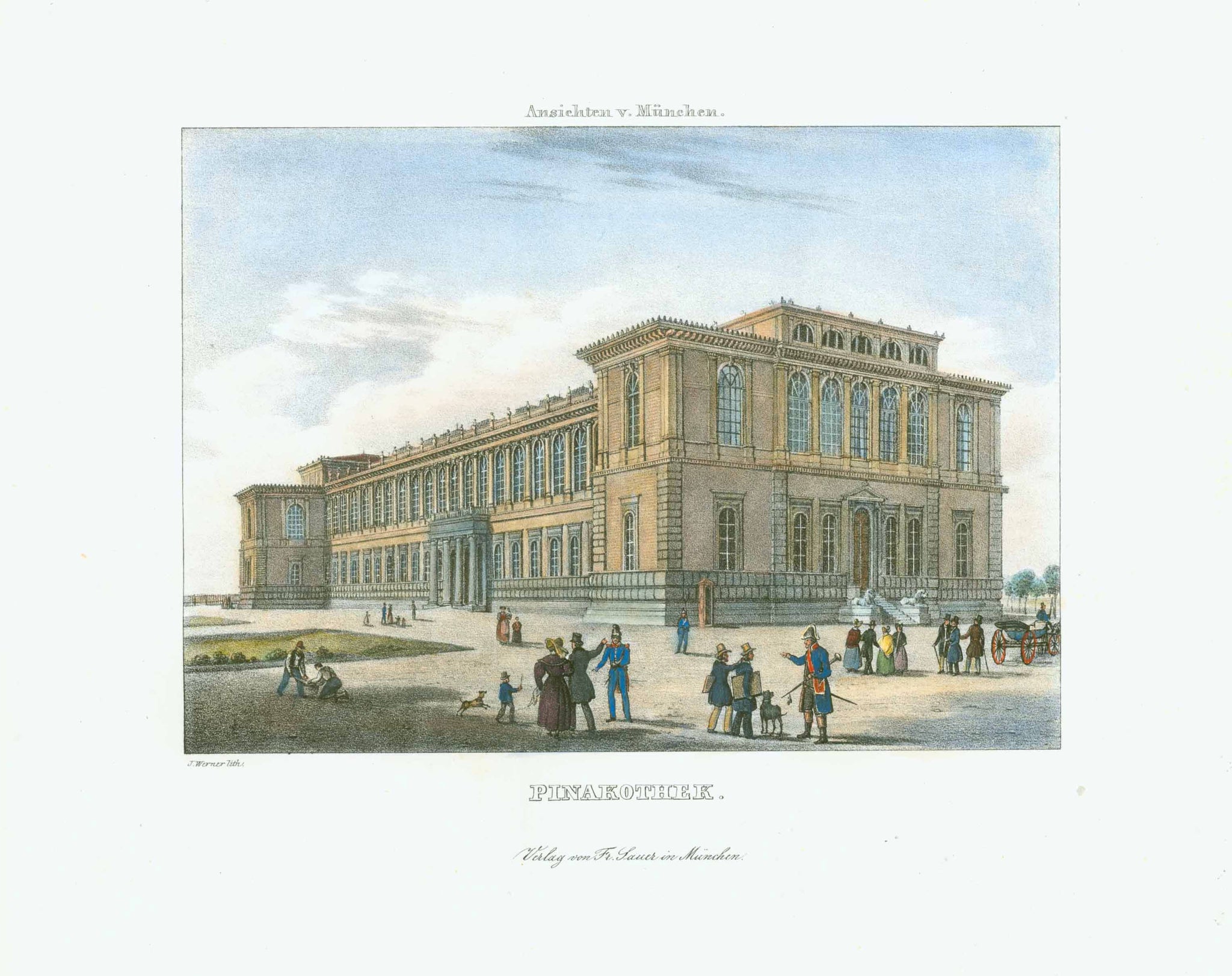 "Pinakothek" Alte Pinakothek Muenchen  Lithograph by Werner after Gustav Kraus. Published by Sauer ca 1839.  From " Souvenir de Munich" Attractive hand coloring.  Original antique print  