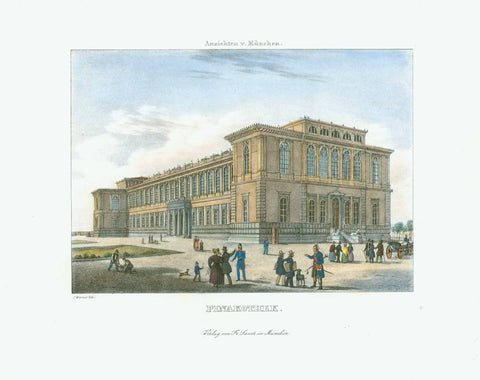 "Pinakothek" Alte Pinakothek Muenchen  Lithograph by Werner after Gustav Kraus. Published by Sauer ca 1839.  From " Souvenir de Munich" Attractive hand coloring.  Original antique print  