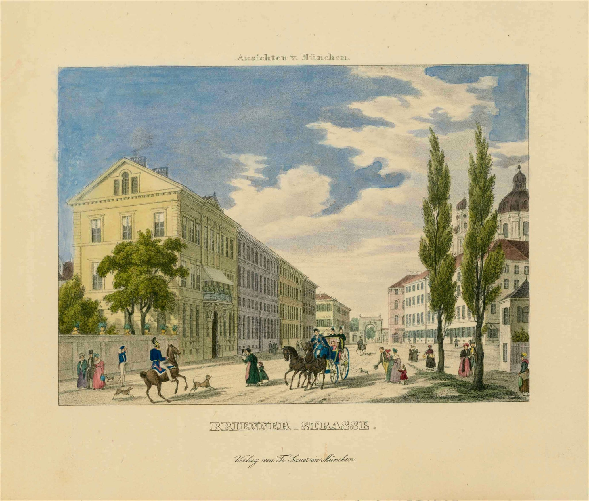 "Brienner - Strasse"  Type of print: Lithograph  Color: Attractive hand coloring  From: "Souvenir de Munich - Ansichten von Muenchen"  Artist: Gustav Kraus (1804-1852)  This view from the west shows the Palais Arco and Palais Almeida.  In the background middle is the Hofgartentor.  Published by: Sauer. Munich, 1836