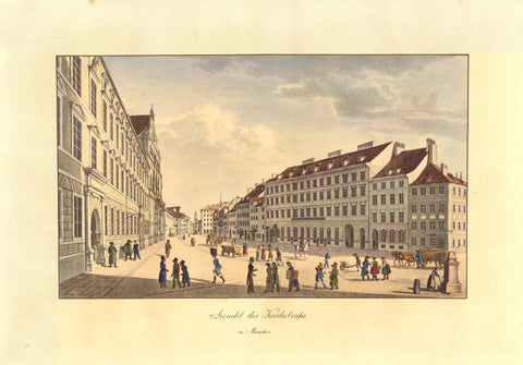 Antique City View of Munich, Germany, Munich, Karlsstrasse, Neuhauser Strasse, Kaufinger  Strasse, Augustiner Kirche, Lithograph after Gustav Kraus (1804-1852). This littograph was a late edition of the original issue.