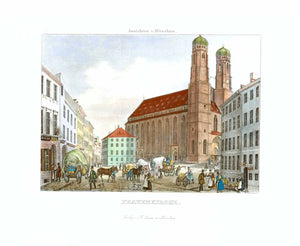 "Frauenkirche"  Type of print: Lithograph  From: "Souvenir de Munich - Ansichten von Muenchen"  Artist: Gustav Kraus (1804-1852)  Published by: Sauer. Munich, from the 1880 edition.
