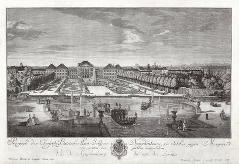 München. - "Prospekt des Churfrt. Bairischen Lust Schloses Nymphenbourg wie solches gegen Morgen von seiten des gartens anzusehen"  "Vue de Nymphenbourg du Cote des Jardins"  Kupferradierung von (copper etching by) Franz Xaver Jungwirth (1720-1790) nach dem Gemälde von (after the painting by) Bernardo Bellotto (1722-1780) genannt Canaletto  Das 1761 von Canaletto geschaffene Gemälde wurde 1766 von Jungwirth in Kupfer gestochen.  Painiting is dated 1761, copper etching dated 1766