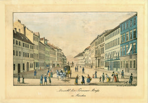 "Ansicht der Pranner-Strasse in Muenchen"  Hand-colored lithograph by Gustav Kraus (1804-1852)  From the last original edition. Munich, 1904  Printed on lightly yellowish paper. The print had been matted and framed, which shows in the  light darkening of the paper.  Blick in die Prannerstrasse Richtung Maximiliansplatz  Aus der letzen Original-Auflage, die 1904 auf etwas gelblichem Papier gedruckt wurde