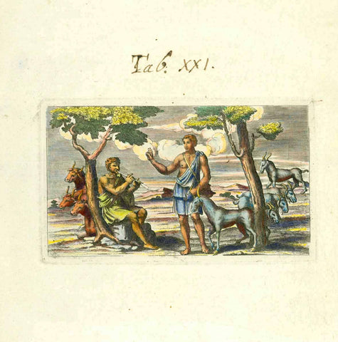 No Title  A shepard playing a flute. Typical way to soothe a herd of animals. Notice the stylized form of the blue animals. Goats?  Copper engraving by an anonymous engraver ca 1750.