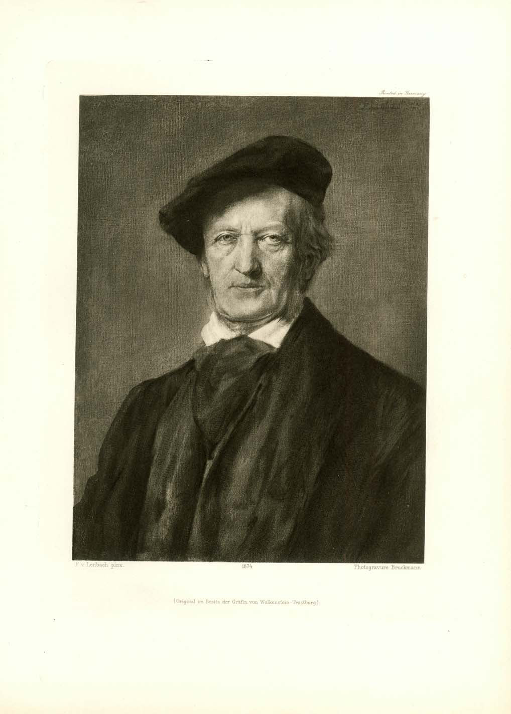 Antique print, Portrait Richard Wagner.  Portrait of the German composer Richard Wagner  Photogravure bei Bruckmann  Nach dem Gemälde von Franz von Lenbach (1836-1904)  After the painting by Franz von Lenbach  München 1896  Original antique print  