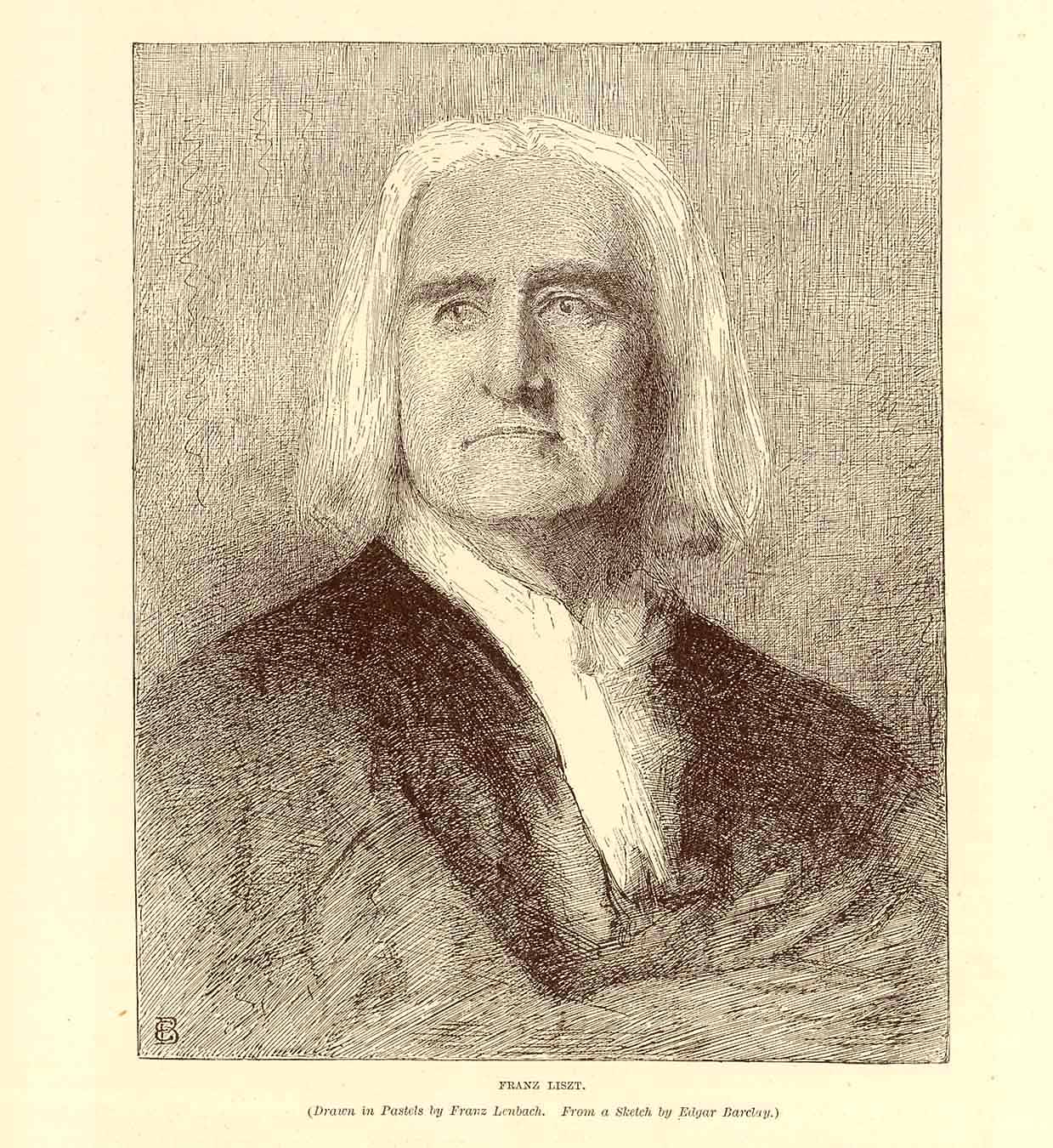 "Franz List"  Wood engraving made after the pastel by Franz Lenbach and a sketch by Edgar Barclay. Published 1895.