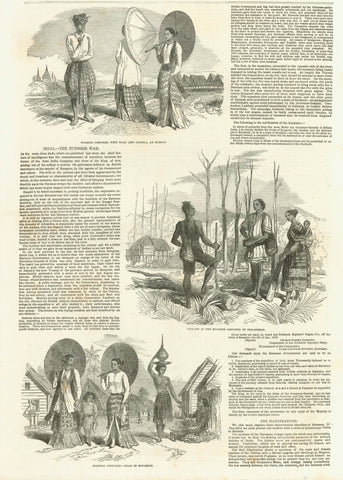 Upper image: "Burmese Costumes; With Road and Pagoda, at Modoon" Middle Image: "Village in the Burmese Province of Tenasserim" Lower image: "Burmese Costumes - Road in Moulmein"  Article is about the Burmese War.  Wood engravings published 1852., interior design, wall decoration, ideas, idea, gift ideas, present, vintage, charming, special, decoration, home interior, living room design