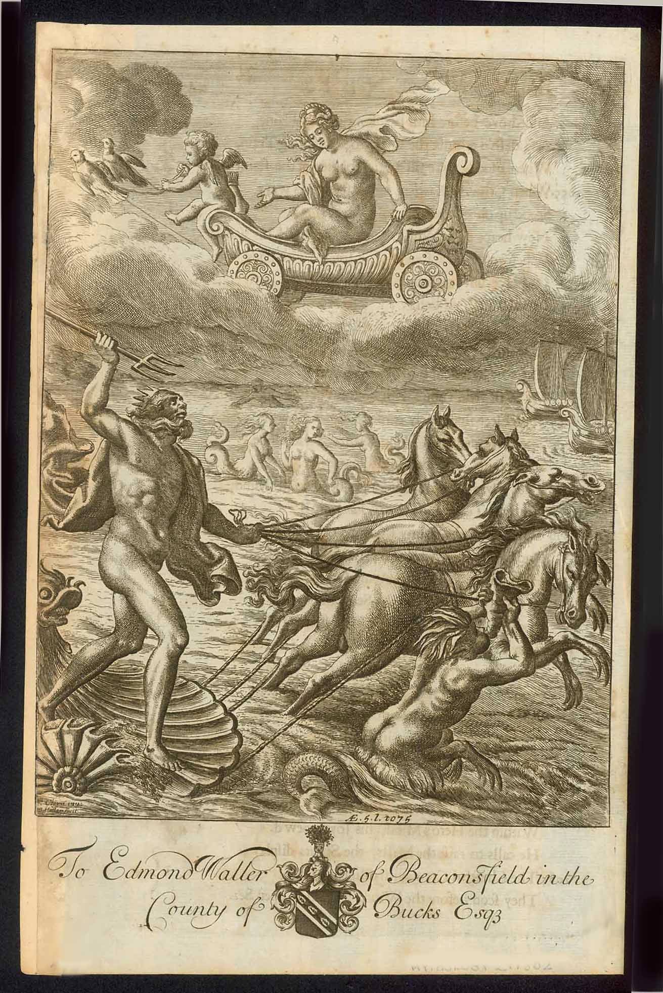  Neptune and Venus (Poseidon and Aphrodite)  Copper etching by Franz Cleyn (1582-1658)  After the drawing by Wenzel Hollar (1607-1677)  Neptune in a shell-chariot drawn by four sea horses. A triton blowing his horn. Nereids dancing in background and two sailships in distance. Venus in her chariot drawn by two doves with Cupid as coachman  Original state, London, 1654.  This, with the dedication to Edmond Waller of Beaconfield in the County of Bucks, is state III.  Published in London, 1658  Original antique
