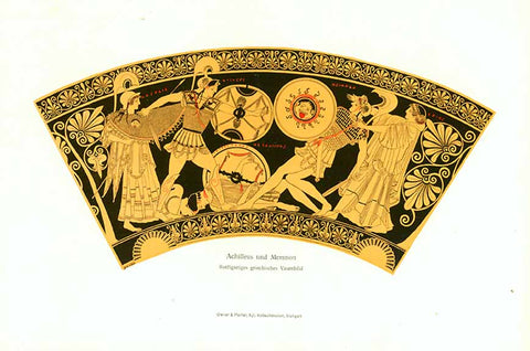 "Achilles und Memnon" "Rotfiguriges griechishes Vasenbild"  Part of a Greek vase painting.  Chromolithograph published 1904 in Stuttgart.