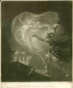 Creusa appearing to AeneasCreusa appearing to Aeneas Rare mezzotint engraved by Valentine Green after Maria Cosway. Aeneas tries to put his arms around Cerusa. In the lower left are the flames of Troy burning. Published 1781 in London. Original antique print