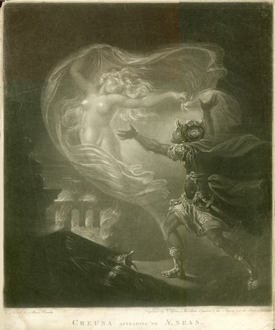 Creusa appearing to AeneasCreusa appearing to Aeneas Rare mezzotint engraved by Valentine Green after Maria Cosway. Aeneas tries to put his arms around Cerusa. In the lower left are the flames of Troy burning. Published 1781 in London. Original antique print