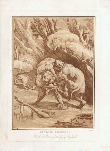 Antique print, Hercules strangling the Nemean Lion.   Hercules, Herkules, King Eurystheos, Olymp, Nemean Lion, Giulio Romano  Aquatinta in India ink in sepia color by artist monogramed C.M. (Carlo Molinari)  After the painting by Giulio Romano (1499-1546). Actually: Giulio di Pietro Gianuzzi  This piece of art, probably from a wall or ceiling fresco shows how Hercules mastered the first first of 12 tasks posed to him by King Eurystheos. 