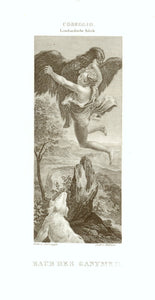Mythology, "Raub des Ganymed"  Copper engraving by Franz Eissner after Antonio Coreggio ca 1840.