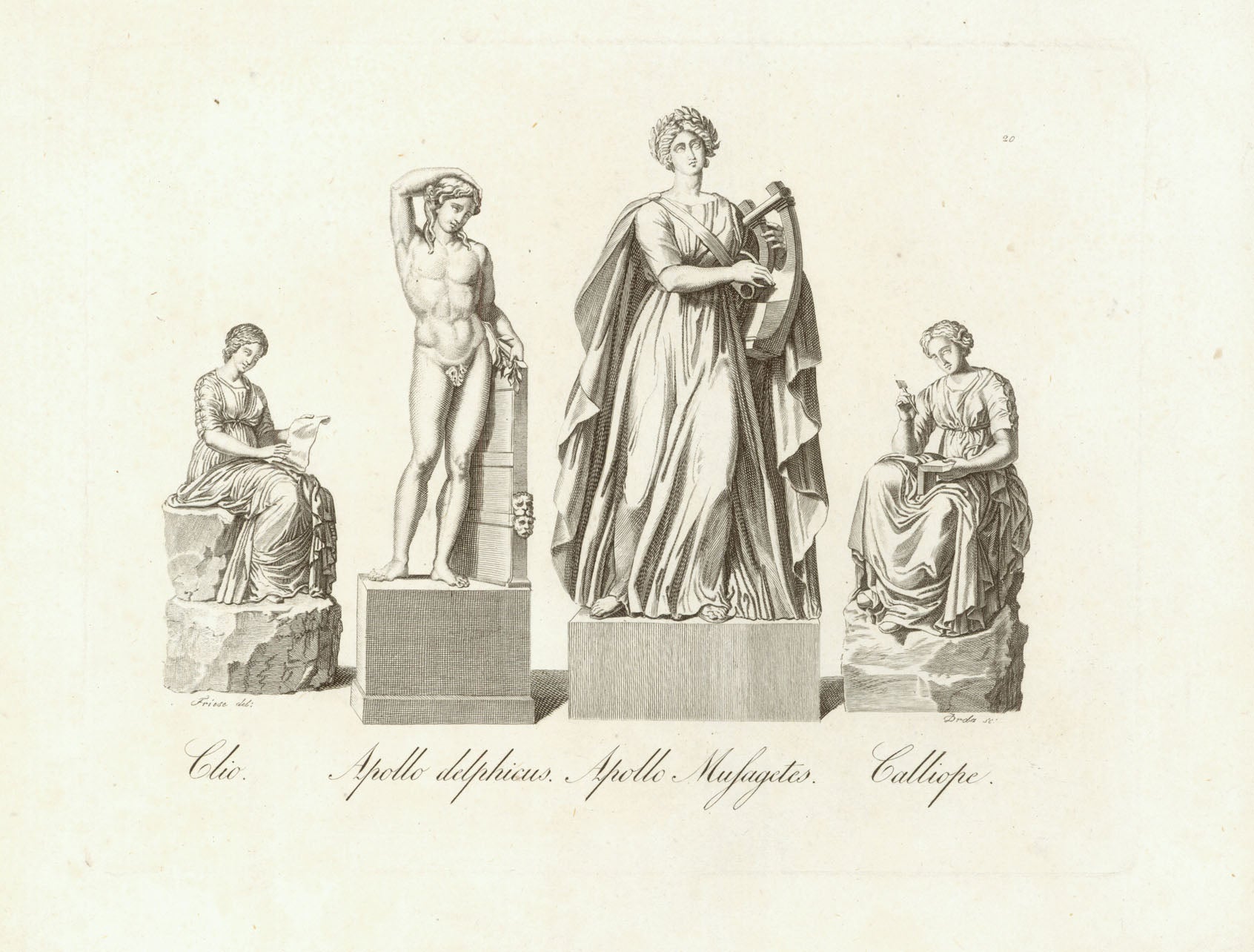 "Clio Apollo delphicus Apollo Musagetes Calliope"  Copper engraving after Leopold August Friese ( 1793-1842 ).  Published in Prague 1822. Very minor signs of age and use.  Page size: 25 x 31.5 cm ( 9.8 x 12.4 ")